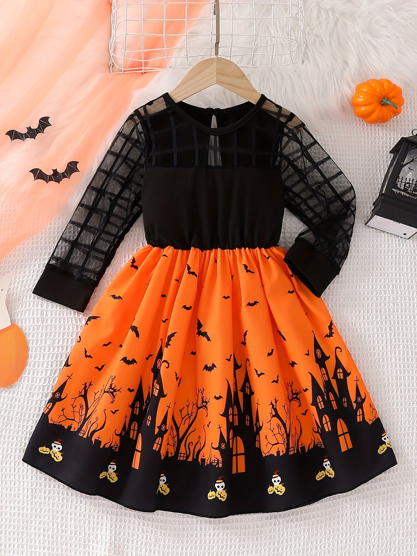 Halloweenjurk voor meisjes met lange mouwen van mesh en speelse print