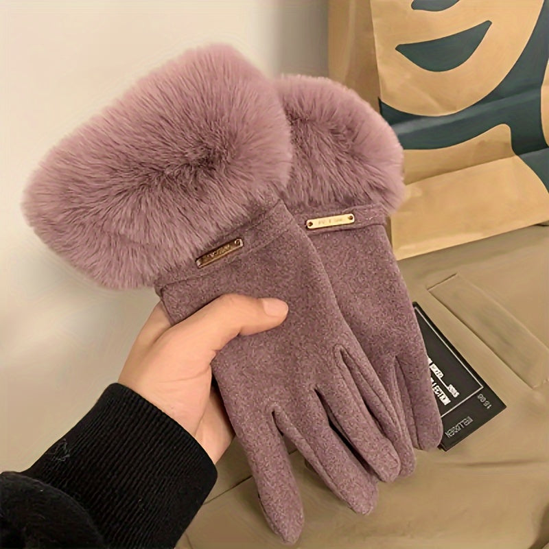 Beige Faux Fur Trim Winter Gloves - Emma