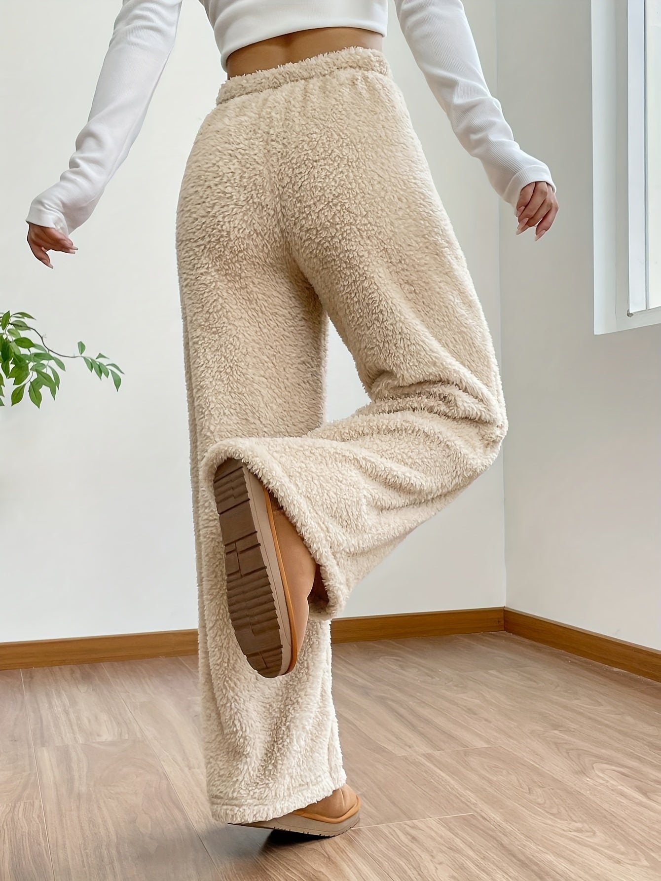 Fluffy wijde broek met koord - Beige