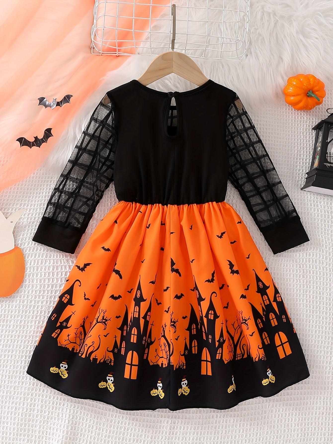 Halloweenjurk voor meisjes met lange mouwen van mesh en speelse print