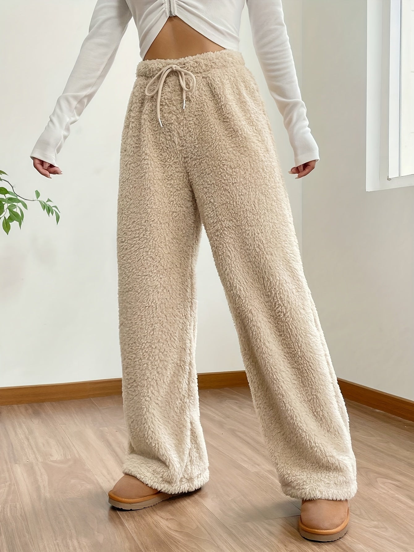 Fluffy wijde broek met koord - Beige