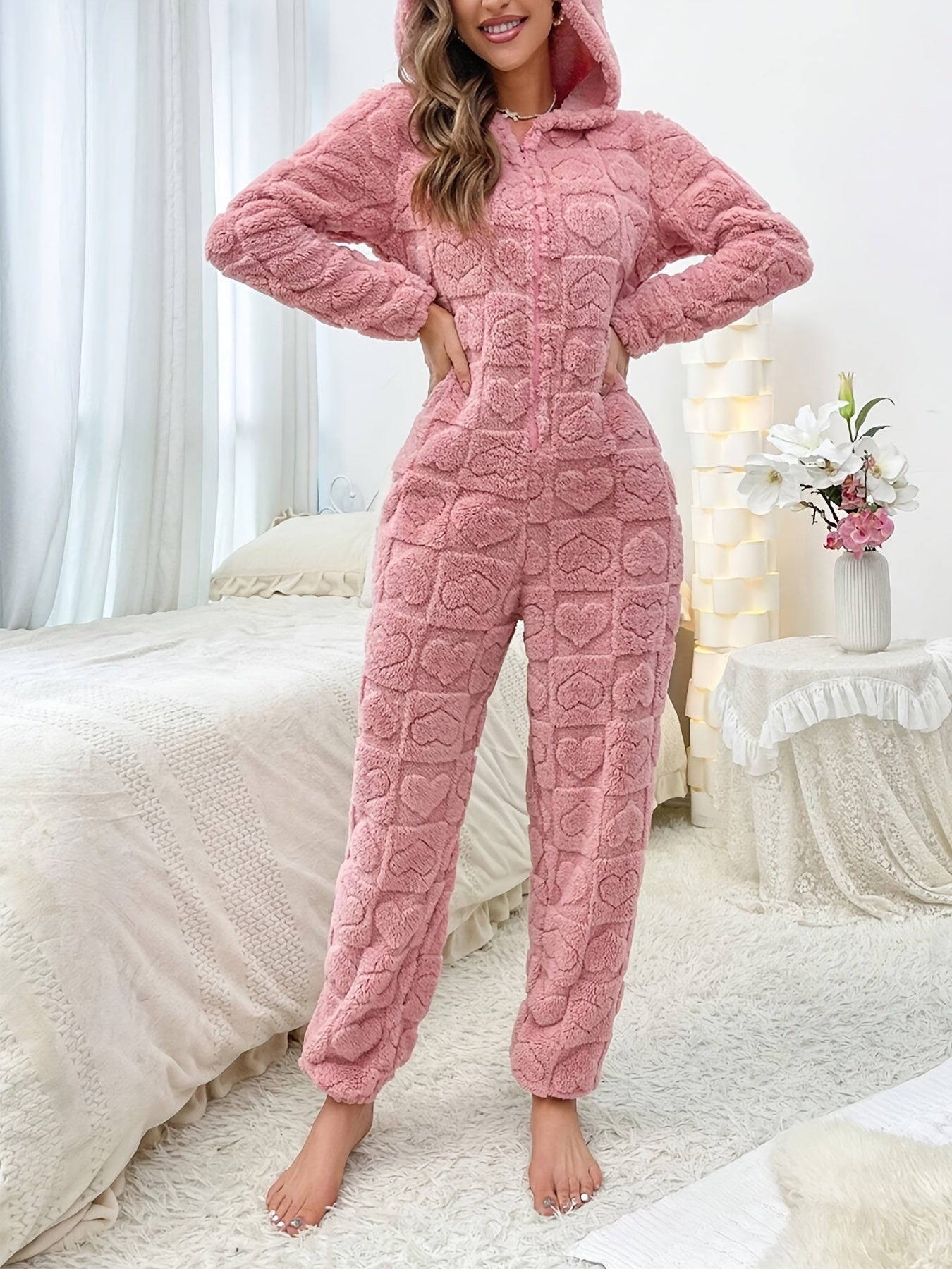 Hart Jacquard Fluffy Kapuzen-Nacht-Jumpsuit