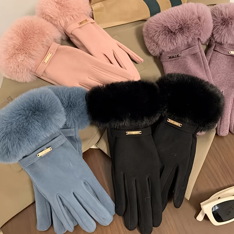 Beige Faux Fur Trim Winter Gloves - Emma