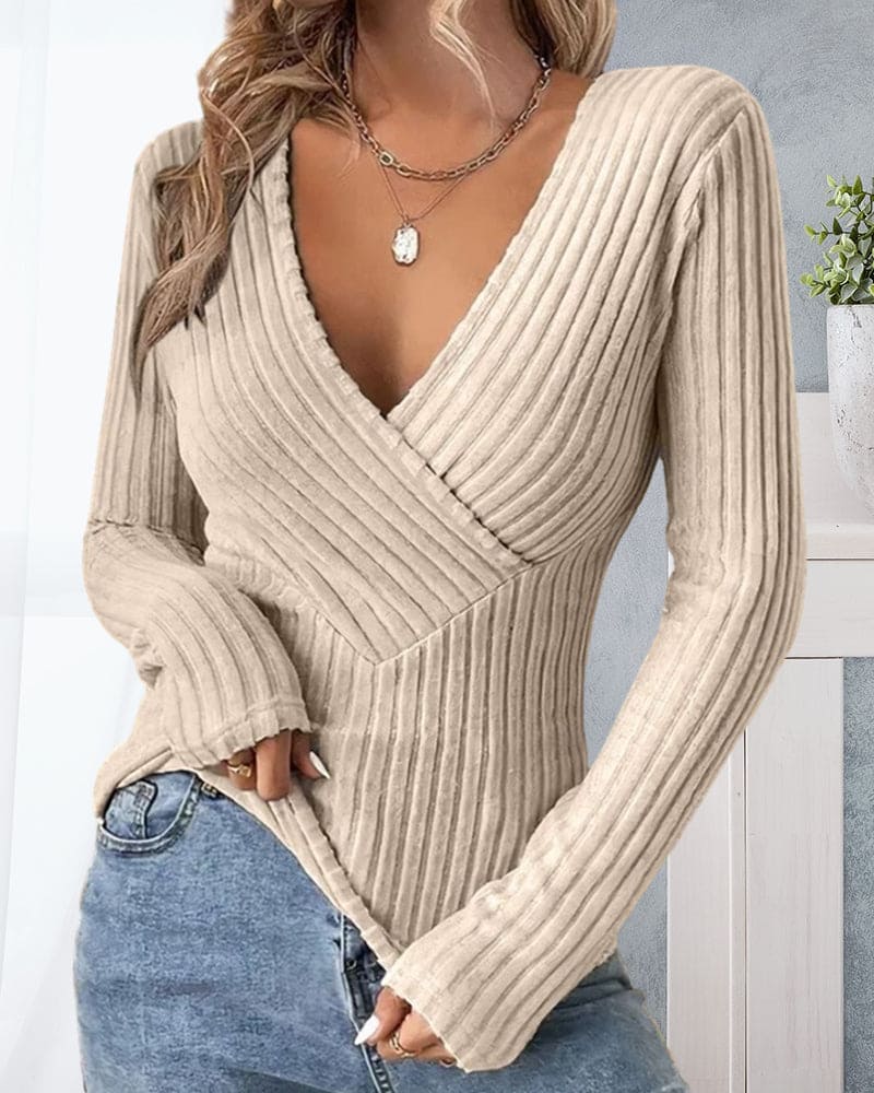 Apricot V-Hals Pullover met Ribbelstructuur - Amelie