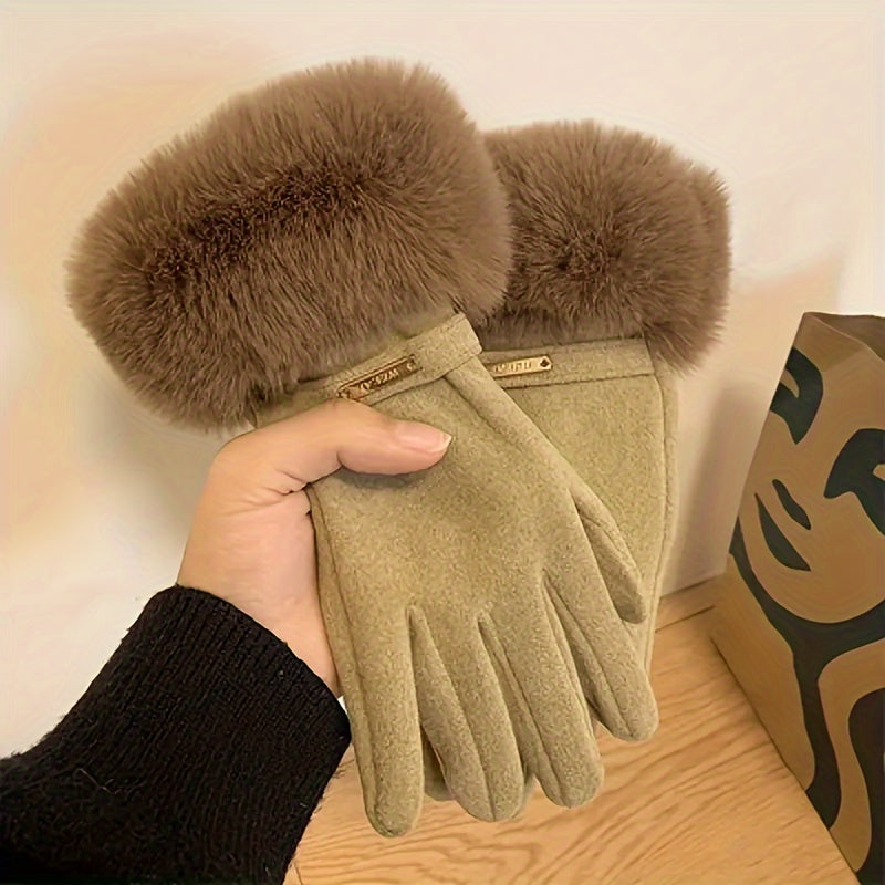 Beige Faux Fur Trim Winter Gloves - Emma