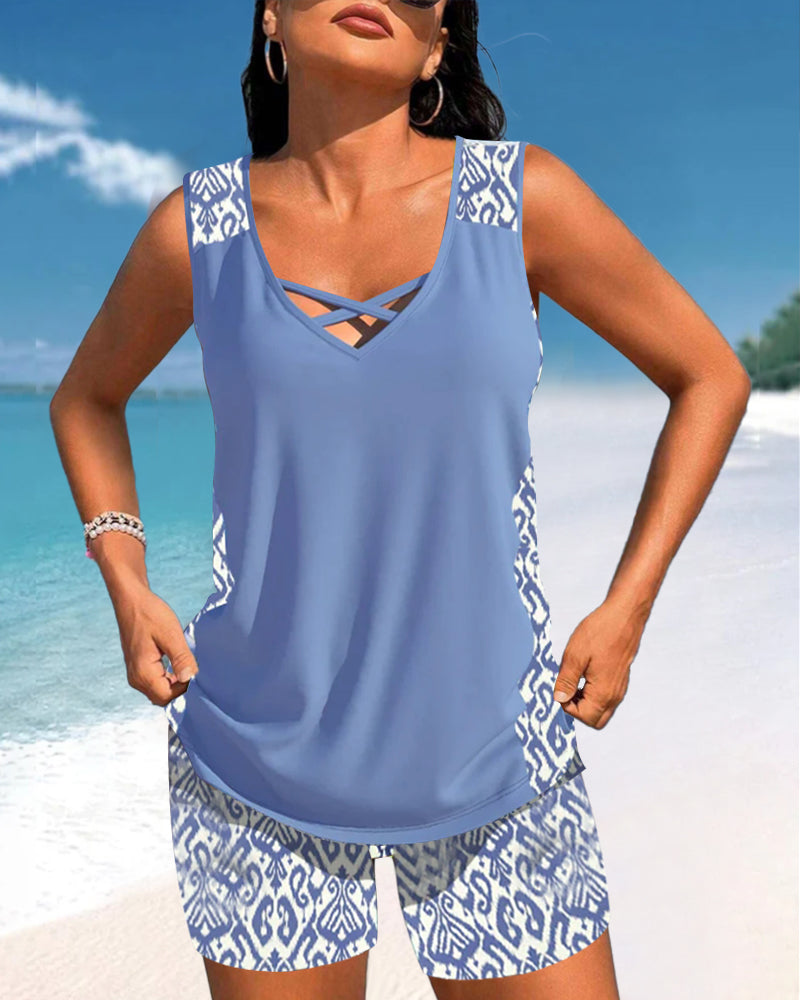 VIOLET | Tankini met een geometrisch patroon en V-hals