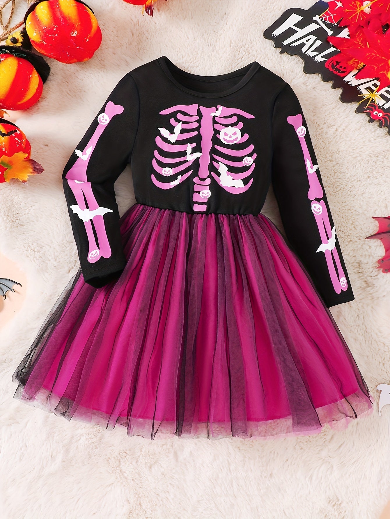 Halloween meisjesjurk met skeletprint en tule rok - prinsessenjurk