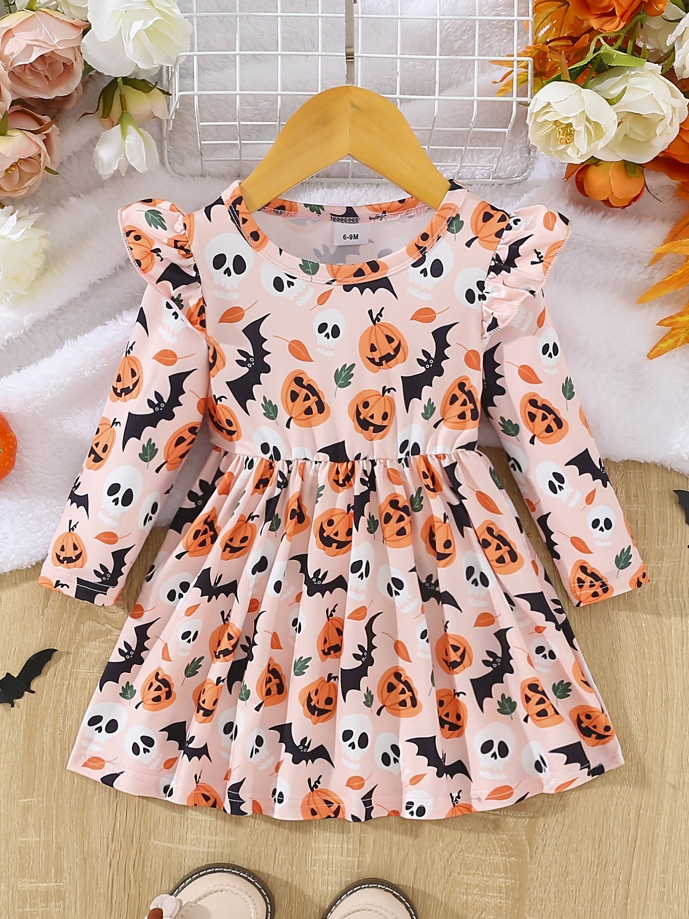 Halloween jurk voor babymeisjes met plooidetails en pompoenprint