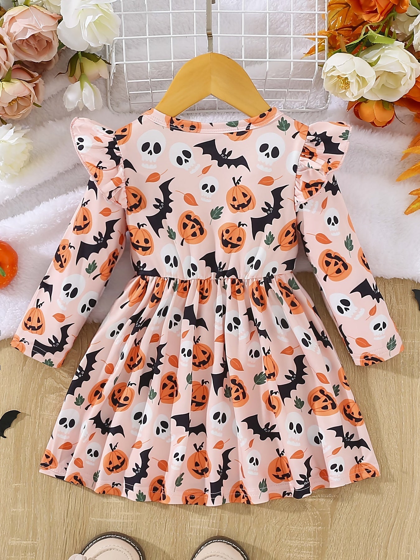 Halloween jurk voor babymeisjes met plooidetails en pompoenprint