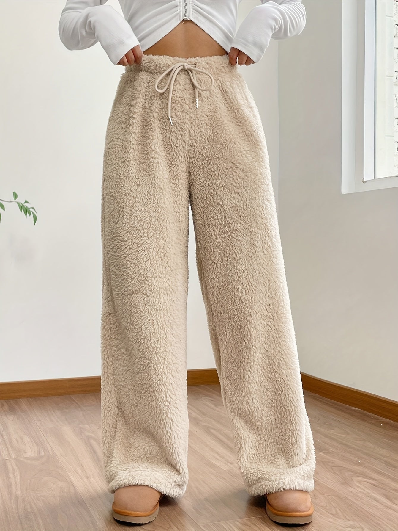 Fluffy wijde broek met koord - Beige