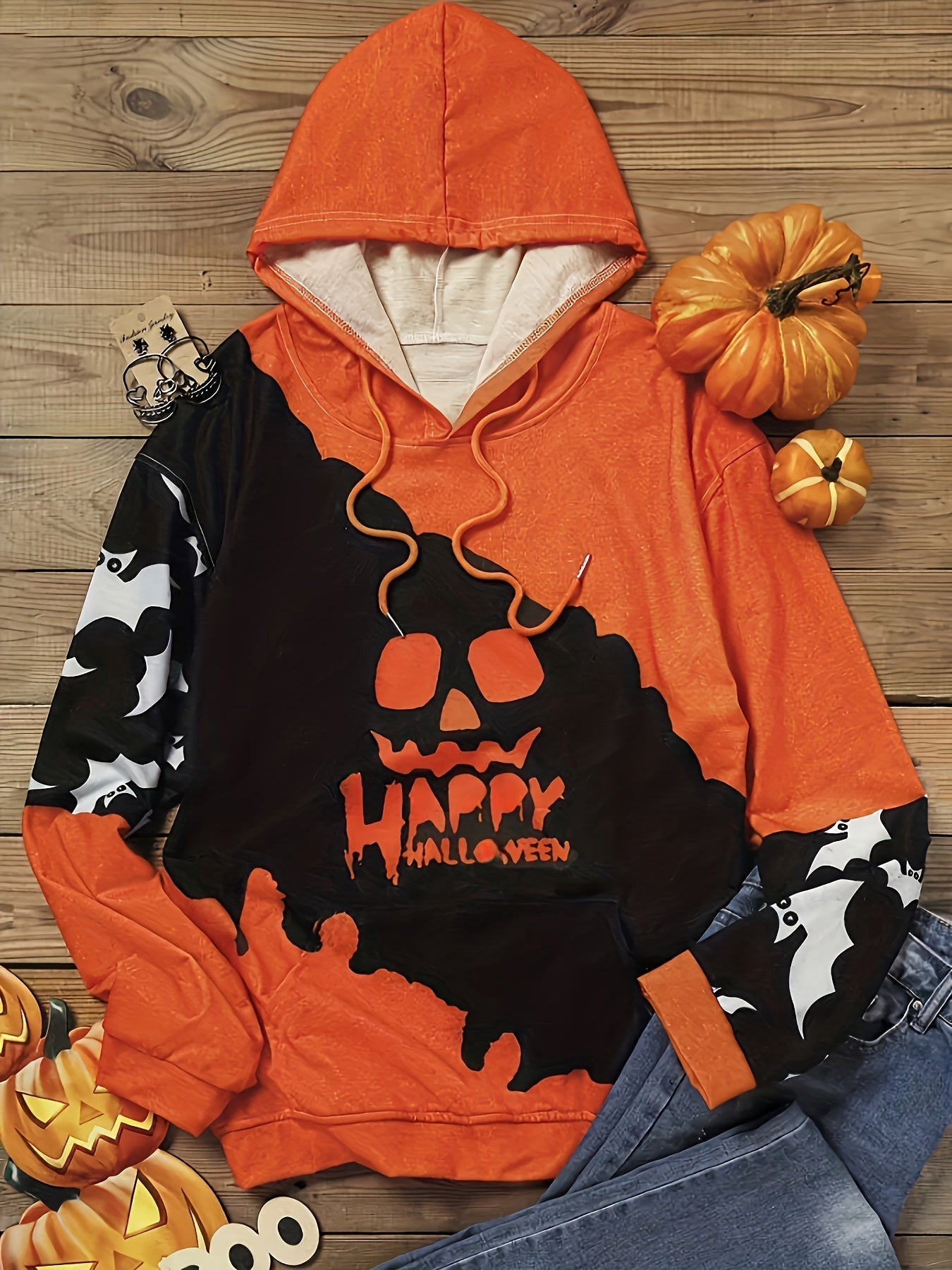 Halloween pompoenprint hoodie - Casual hoodie met lange mouwen