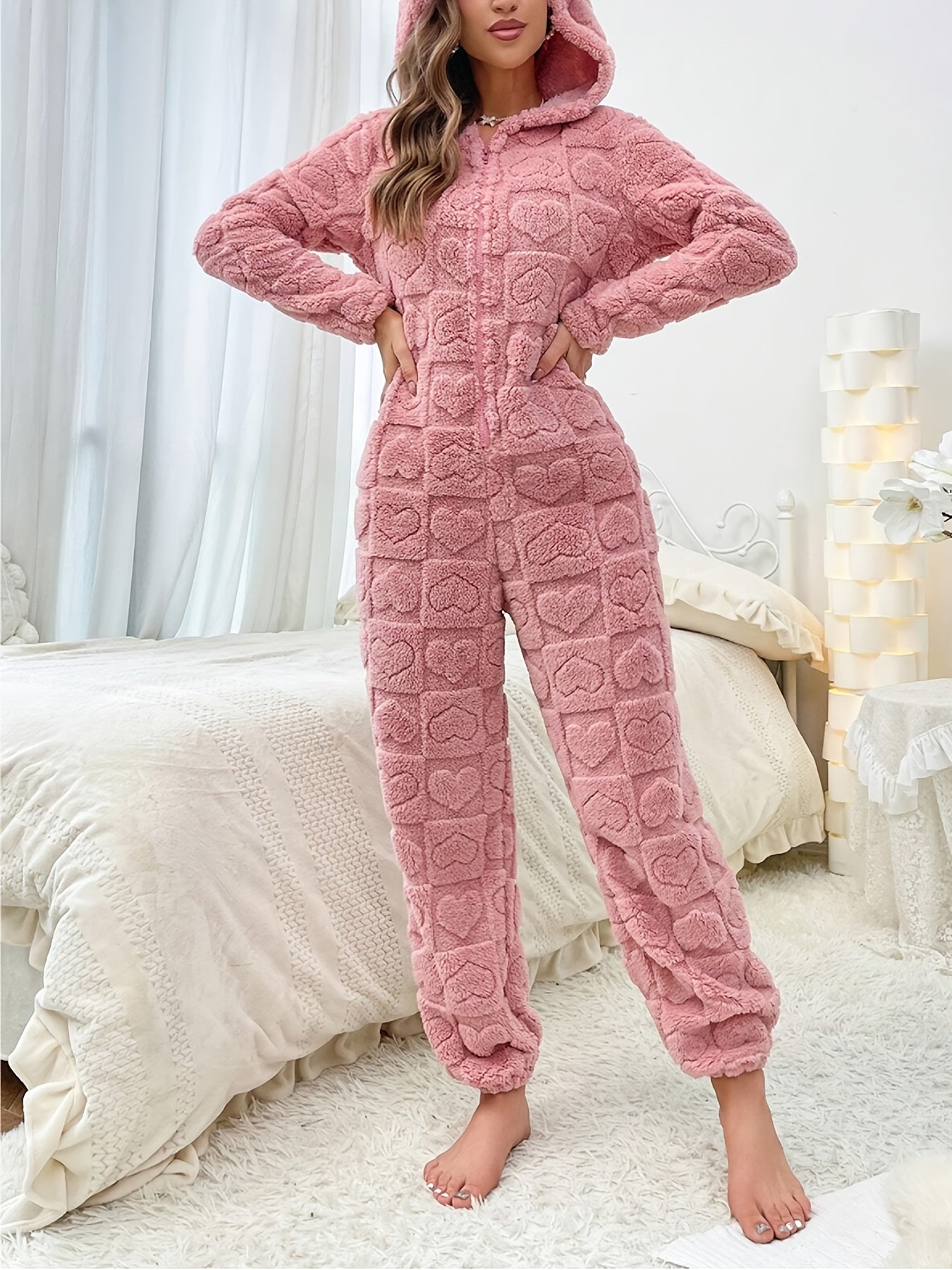 Hart Jacquard Fluffy Kapuzen-Nacht-Jumpsuit