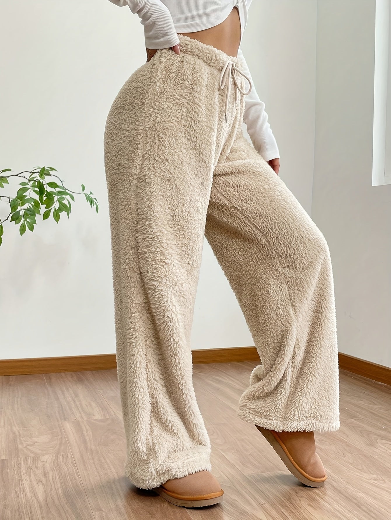 Fluffy wijde broek met koord - Beige