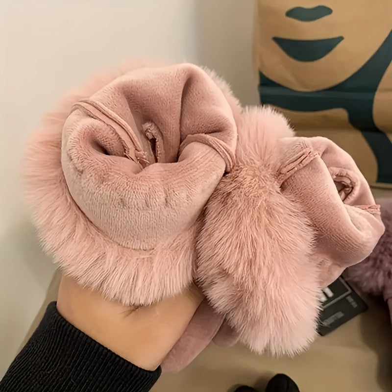 Beige Faux Fur Trim Winter Gloves - Emma