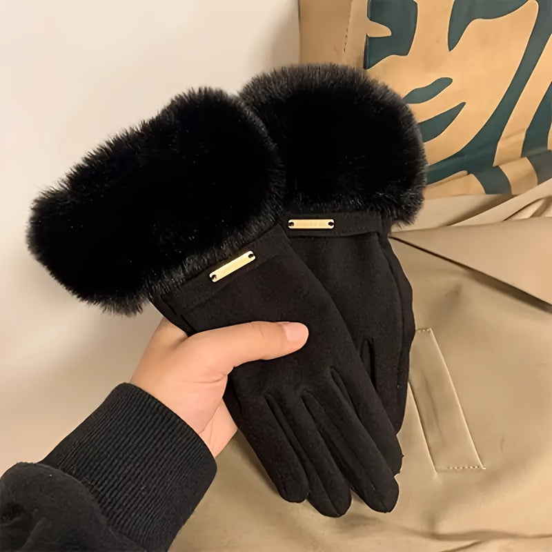 Beige Faux Fur Trim Winter Gloves - Emma