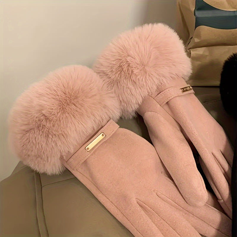 Beige Faux Fur Trim Winter Gloves - Emma