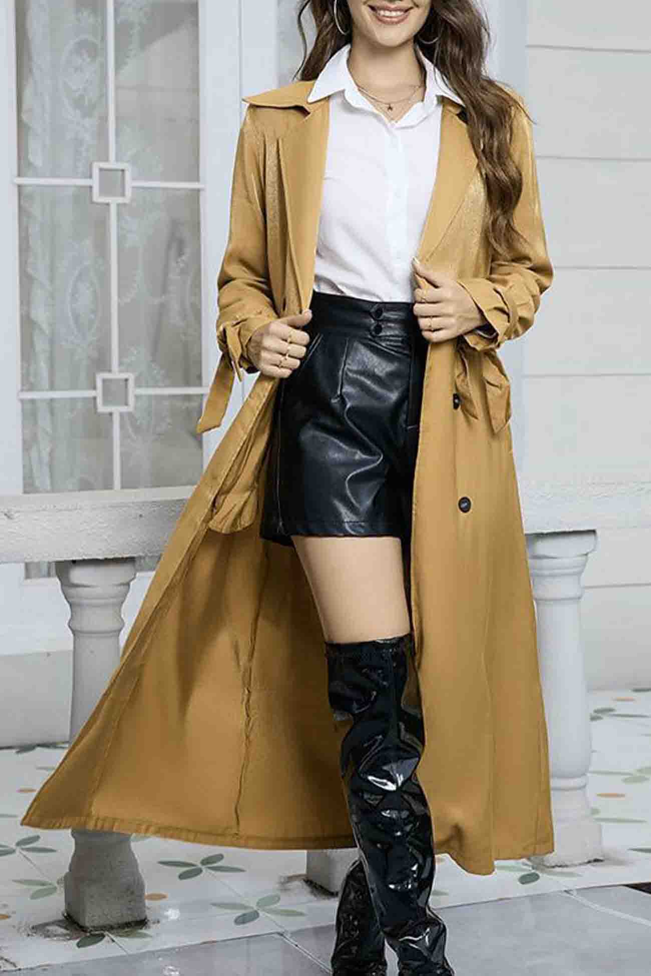 Camel Kleurige Lange Trenchcoat - Eva