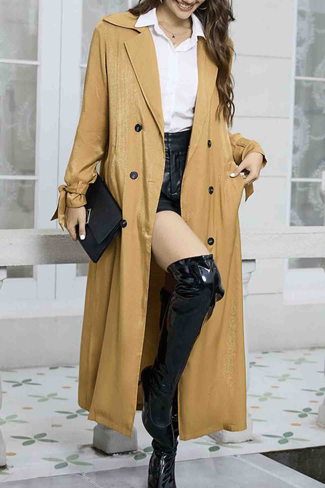 Camel Kleurige Lange Trenchcoat - Eva